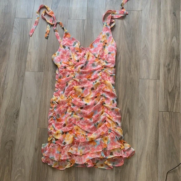 Lily Rose tie straps floral print rouched dress w ruffle S XL jrs - Picture 4 of 17